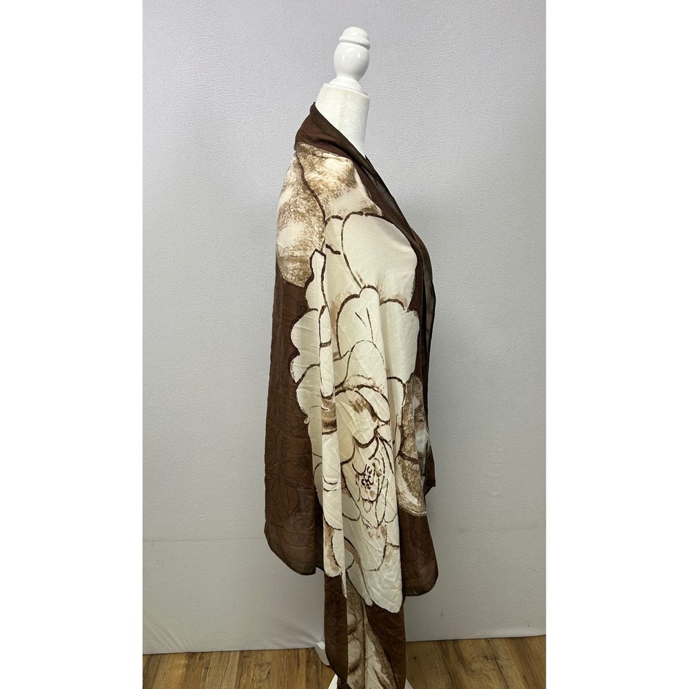 Boho Earthy  Womens OS Brown Cream Floral Leaf Viscose Scarf Shawl